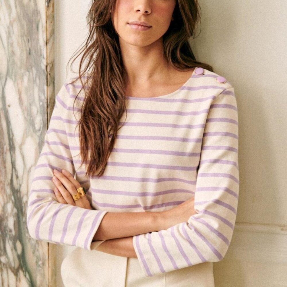 Sezane "Colette" Marinière, Striped Lavender and White Top With Long Sleeves